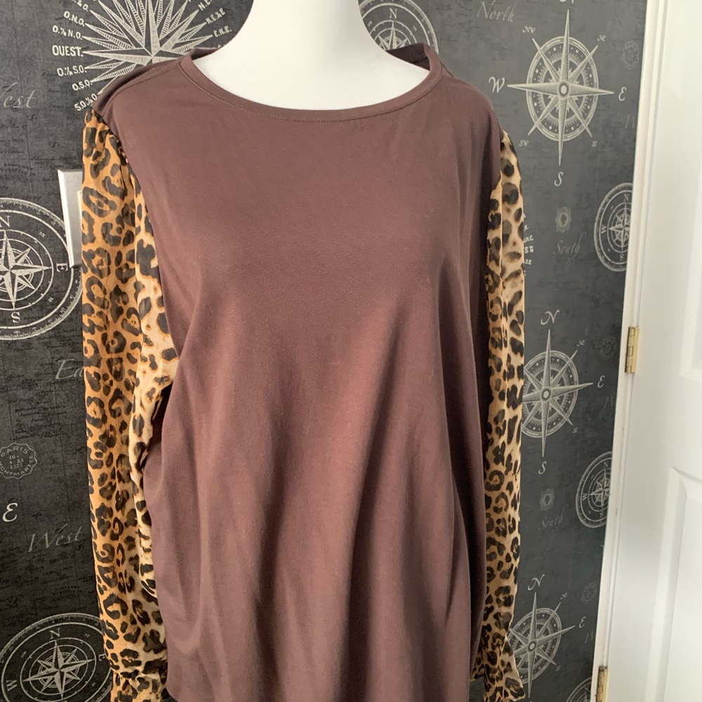 Leopard Chiffon Sleeve Brown Top